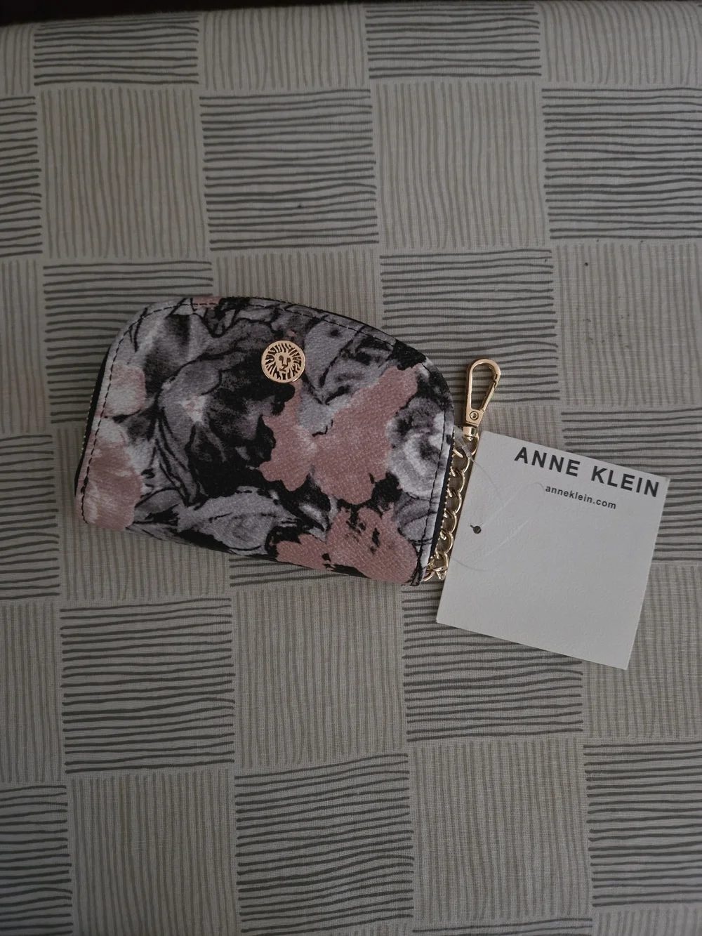 Anne Klein Pink, Gray & Black Floral Key Holder with Gold Chain